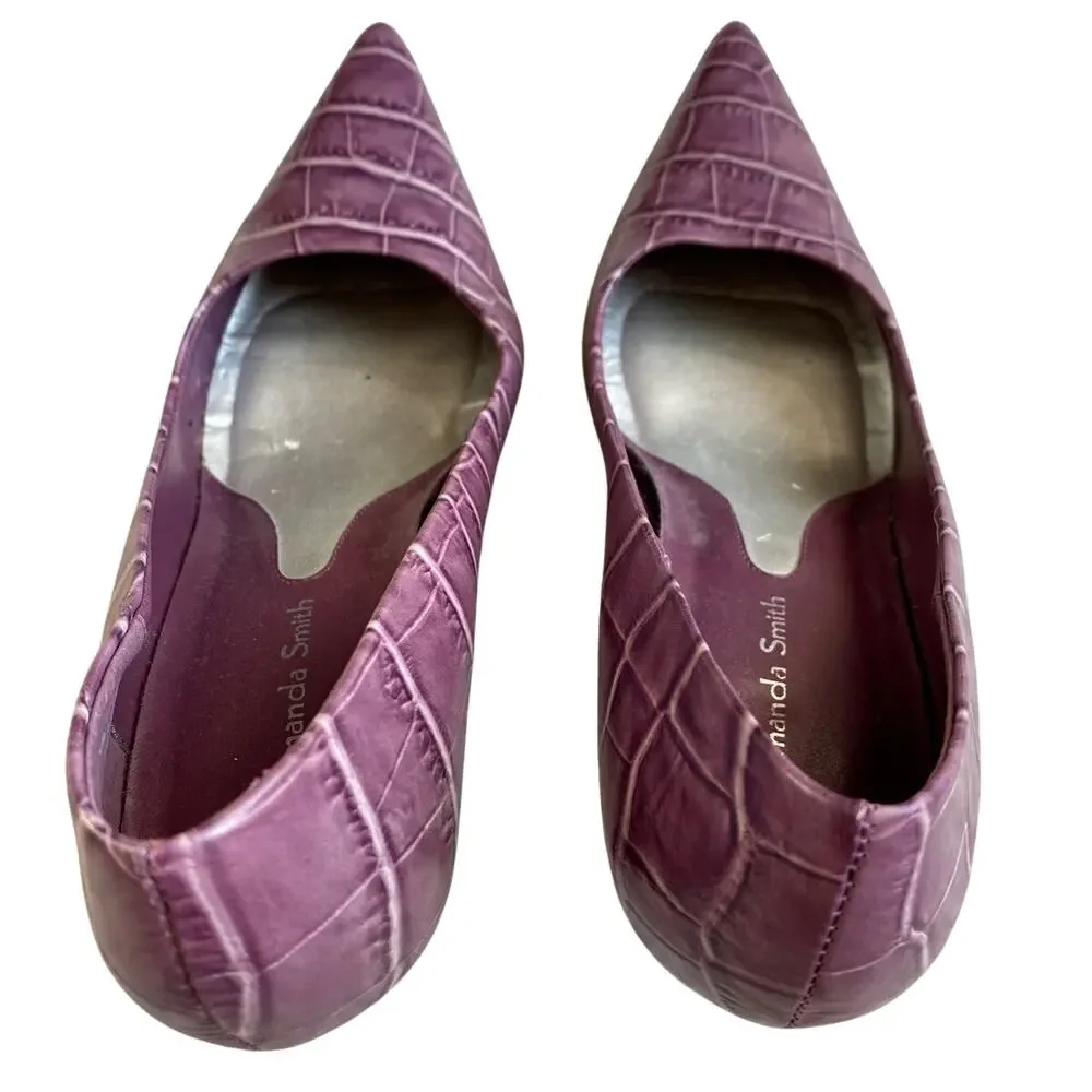 Amanda Smith purple leather stiletto pumps US 7.5M shoes moc croc pointy toes